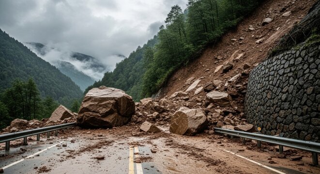 A massive landslide with large boulders and mud has blocked a mountain highway, making it impassable. A depiction of a dangerous natural disaster. - Powered by Adobe