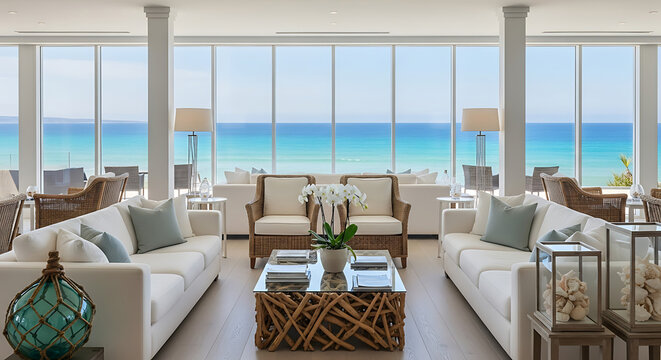 Elegant Beachfront Lounge with Ocean View and Comfortable Seating. - Powered by Adobe