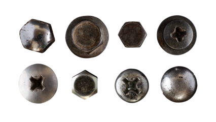 set of rusty screw nuts heads isolated