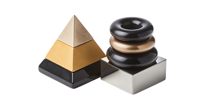 Elegant and shiny decorative objects of pyramid and stacked tori shapes