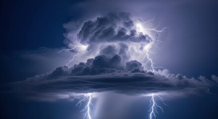 An apocalyptic thunderstorm with a massive, boiling supercell cloud and powerful lightning bolts striking the earth. A display of nature's fury.