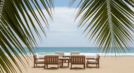 Elegant wooden outdoor furniture set on a serene sandy beach with an ocean view.