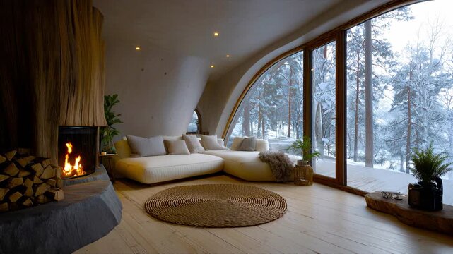 Cozy Wooden Cabin Interior with Fireplace and Winter Forest View in 4K