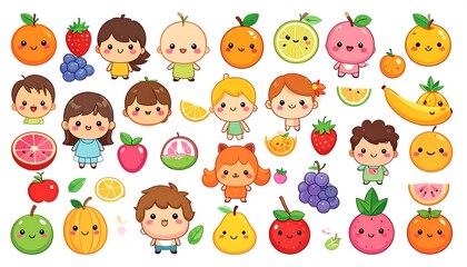 Cute cartoon characters and fruits