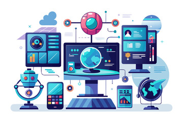 Modern digital workspace showing artificial intelligence technology with holographic data analytics and virtual dashboards. A professional working on a laptop surrounded by futuristic AI visualization