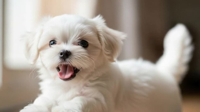 A delightful portrait of a fluffy white Maltese puppy with an open mouth, capturing its playful energy and adorable charm for pet lovers and breed enthusiasts