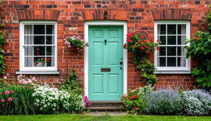A charming red brick cottage facade with a teal door and lush flowers blooming in the garden and windows