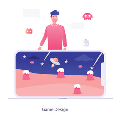 Vector elements of the office environment A man in a pink top and blue pants standing behind a futuristic - looking device with rocket and UFO icons. The background is white