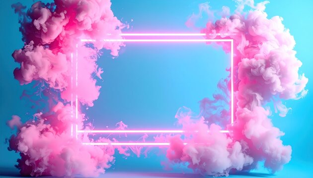 Dreamy vaporous pink clouds envelop a bright neon frame on a calming blue backdrop, creating an ethereal, fantasy scene