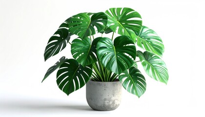 A vibrant green Monstera plant flourishes in a simple, gray concrete pot, set against a crisp, white background, casting soft shadows