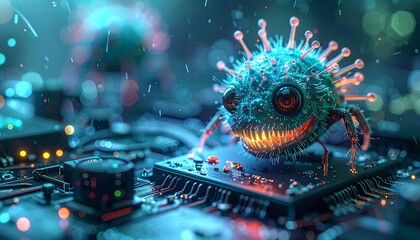 Fototapeta premium A small, menacing monster, symbolizing a computer virus, chewing on and corrupting valuable digital data