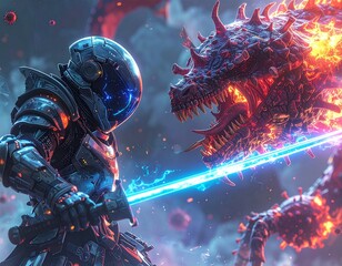 A cyber knight battles a fire-breathing virus dragon with a glowing sword, a visual metaphor for heroic cybersecurity defense