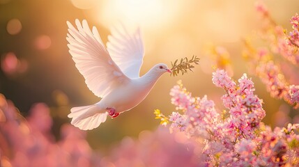 White dove in flight over pink blossoms