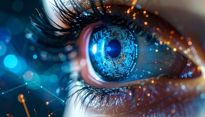 A biometric authentication pattern, such as a fingerprint, is safely protected by a glowing digital firewall