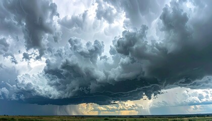 A dramatic, panoramic view of an approaching storm with turbulent gray clouds roiling above a flat, grassy landscape
