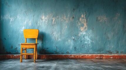 Minimal education concept with empty classroom wall and single wooden chair positioned at bottom, leaving wide blank space above perfect for school poster, learning banner or academic design.