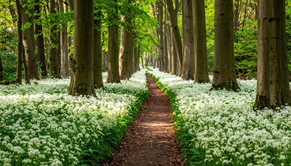 Path through vibrant woodland lined with blooming white flowers, leading into depth, beneath a canopy of tall trees