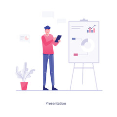 Vector elements of the office environment A man holding a tablet, standing next to a whiteboard with charts. He wears a pink top and blue pants, with a plant in the background