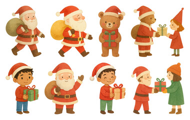 Naklejka premium PNG Cute festive characters exchanging gifts, element set on transparent background