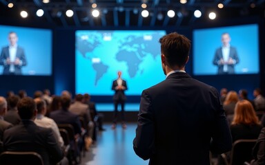 Young Businessman Walking Out on Stage to Give a Talk at a Global Finance Summit. Audience Listening to His Insightful Talk. Speaker Standing with His Back to Camera While Making a Motivational Speech