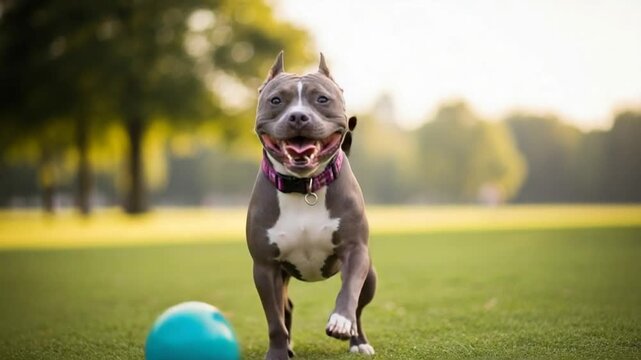 A playful pitbull running towards the camera with a blue ball in a green park setting capturing joyful pet ownership and outdoor recreation