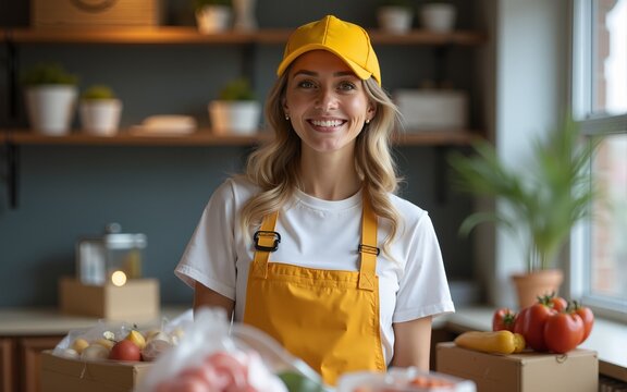 Portrait of a Happy Female Volunteer Preparing Free Food Delivery for Low Income People. Charity Workers and Members of the Community Work Together in Local Humanitarian Aid Donation Center.