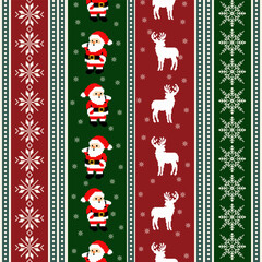 A cute Christmas seamless pattern with cartoon Santa Claus, reindeer, and snowflakes for a winter holiday background design