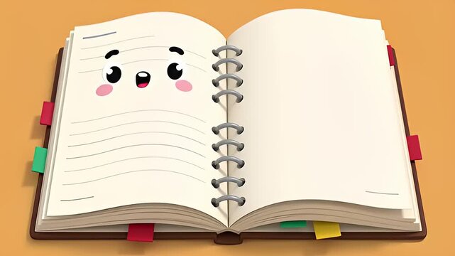Open cartoon notebook with a smiling face, showcasing blank pages and colorful tabs on a bright background