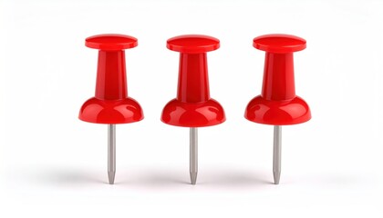Trio of vibrant red push pins with metallic needles arranged closely together against a pristine white backdrop, creating sharp contrasts