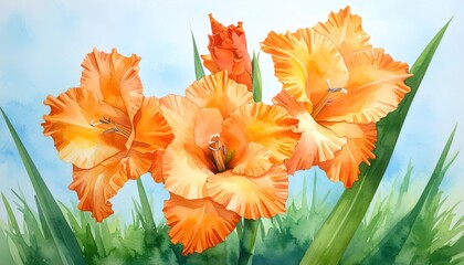 Watercolor gladiolus painting bright orange flowers and green leaves against light blue backdrop with dreamy, artistic feel