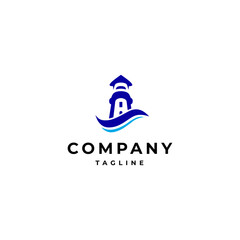 Lighthouse harbor ship logo with waves in a flat vector design style