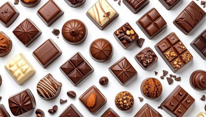 Assorted chocolates, a variety of textures and forms, are neatly arranged on a stark white background, offering a delectable visual feast