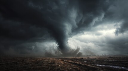 dramatic view of a massive tornado touching down in a rural farmland with swirling debris and dark storm clouds 