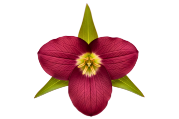 Red wake robin trillium flower in bloom with green leaves isolated on a transparent background