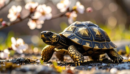 A golden tortoise walks amongst gray rocks and white cherry blossoms in a soft, blurred spring sunlight scene. Warm light and depth of field
