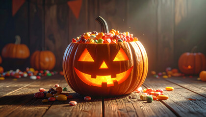 Halloween Jack O'Lantern with Candy - Festive Pumpkin Decoration, Trick or Treat, Sweet Treats Background