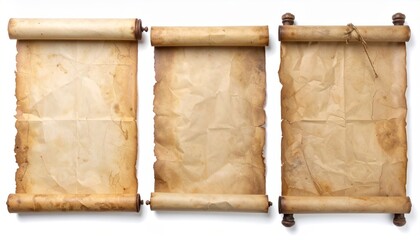 Three aged, parchment scrolls lay in a row; paper is stained and wrinkled, wood is turned, on a white surface, in daylight