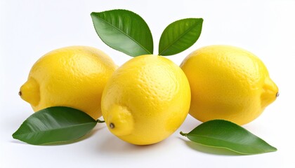 Three lemons with vibrant yellow peels and shiny green leaves arranged on a pristine white surface in a well-lit, simple composition