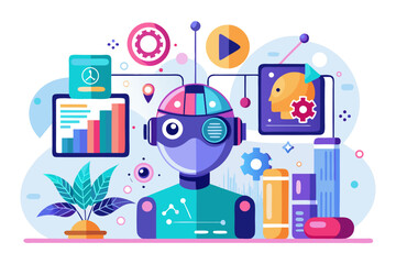 Futuristic AI Technology Holographic Interface with Data Analytics on Laptop Workspace