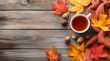 Flat lay of autumn maple leaves, cup of tea, knitted scarf, and acorns on rustic wooden table, cozy warm seasonal atmosphere. Concept of autumn, relaxation, comfort, and hygge lifestyle.