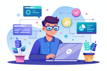 Fototapeta premium Futuristic AI Technology Holographic Interface with Data Analytics on Laptop Workspace