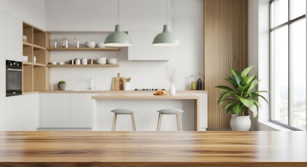 Modern kitchen interior with bar stools and wooden table in focus