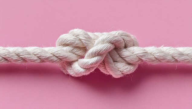 Close-up of a double knot tied in a length of light beige rope, against a vibrant pink background