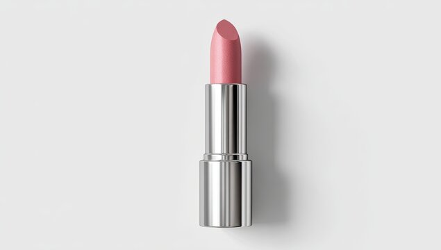 A light pink lipstick in a silver tube, studio shot