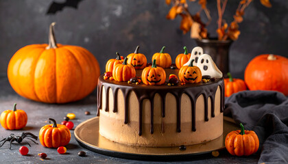 Halloween Cake with Pumpkins, Ghost and Chocolate Drip. Festive Food and Treats Concept.