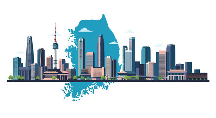 A vibrant cityscape silhouette overlays a stylized map of South Korea with distinct architectural structures.