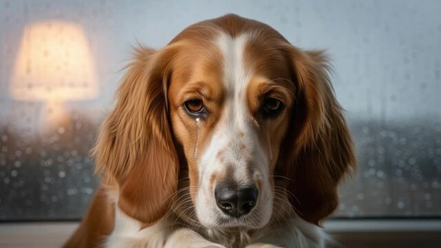 A poignant portrait of a welsh springer spaniel with a tearful expression sitting by a rain-streaked window, depicting loneliness, longing, or seasonal affective disorder