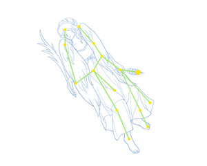 乙女座の人物と星座線のカラー線画イラスト