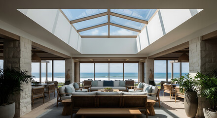 Obraz premium Luxurious Beachfront Lounge with Skylight and Ocean View.