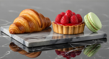 Delicious Pastry Assortment: Croissant, Raspberry Tart, and Macaron